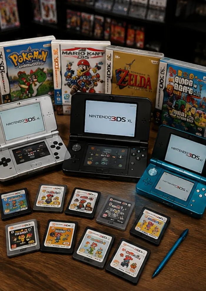 Nintendo DS und Nintendo 3DS Konsolen mit Spielen wie Pokémon, Mario Kart und Zelda bei Outer World 0711 in Stuttgart