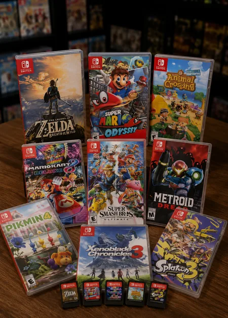 Nintendo Switch Konsole mit beliebten Spielen wie Zelda, Super Mario Odyssey und Animal Crossing bei Outer World 0711 in Stuttgart